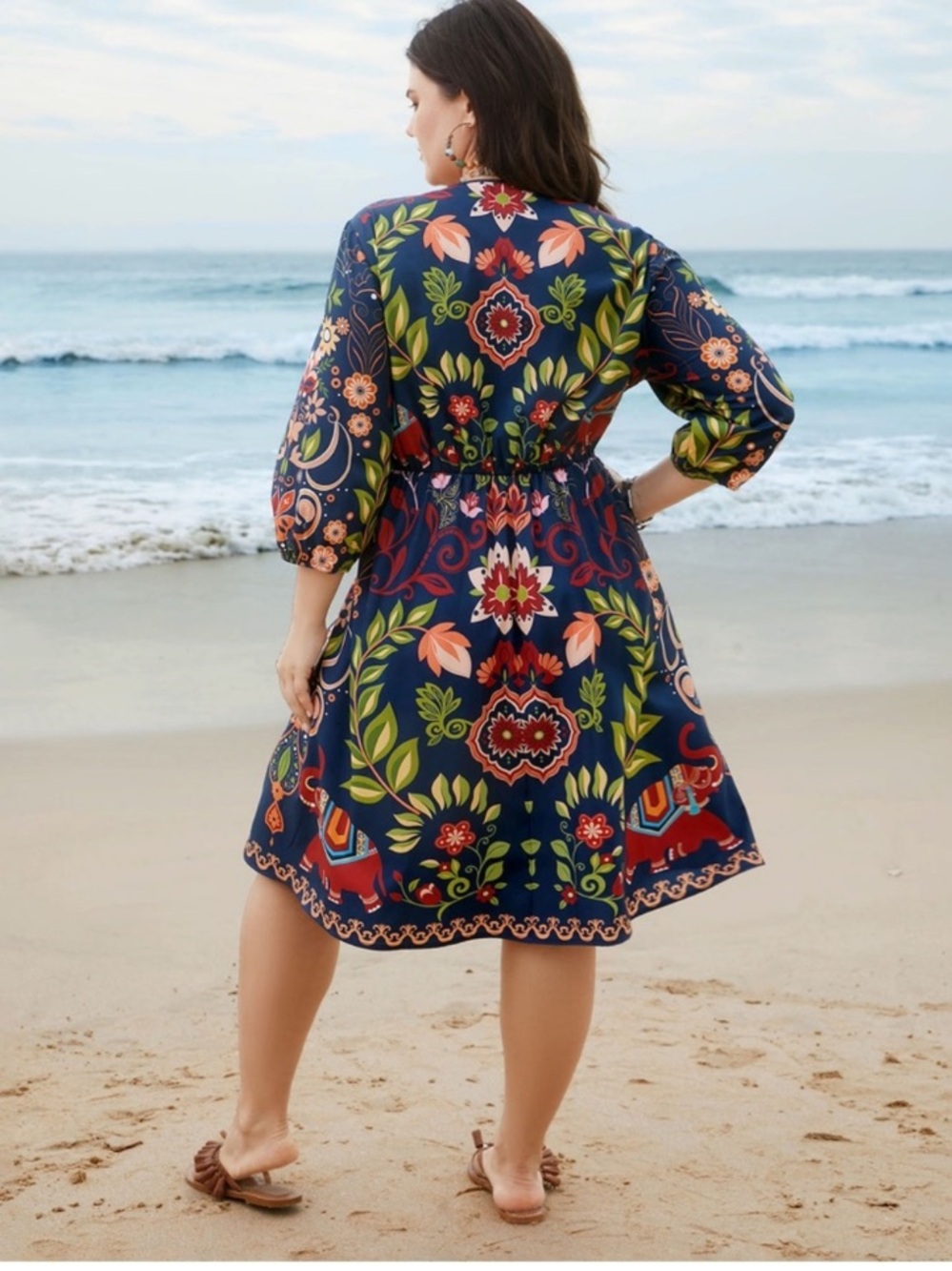 BloomChic Navy Multicolor Floral & Elephant Print Midi Dress - Picture 7 of 13
